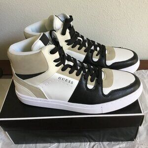 GUESS Men's Leather Sneakers High Top Lace Up Logo Shoes Casual White/Black 10.5